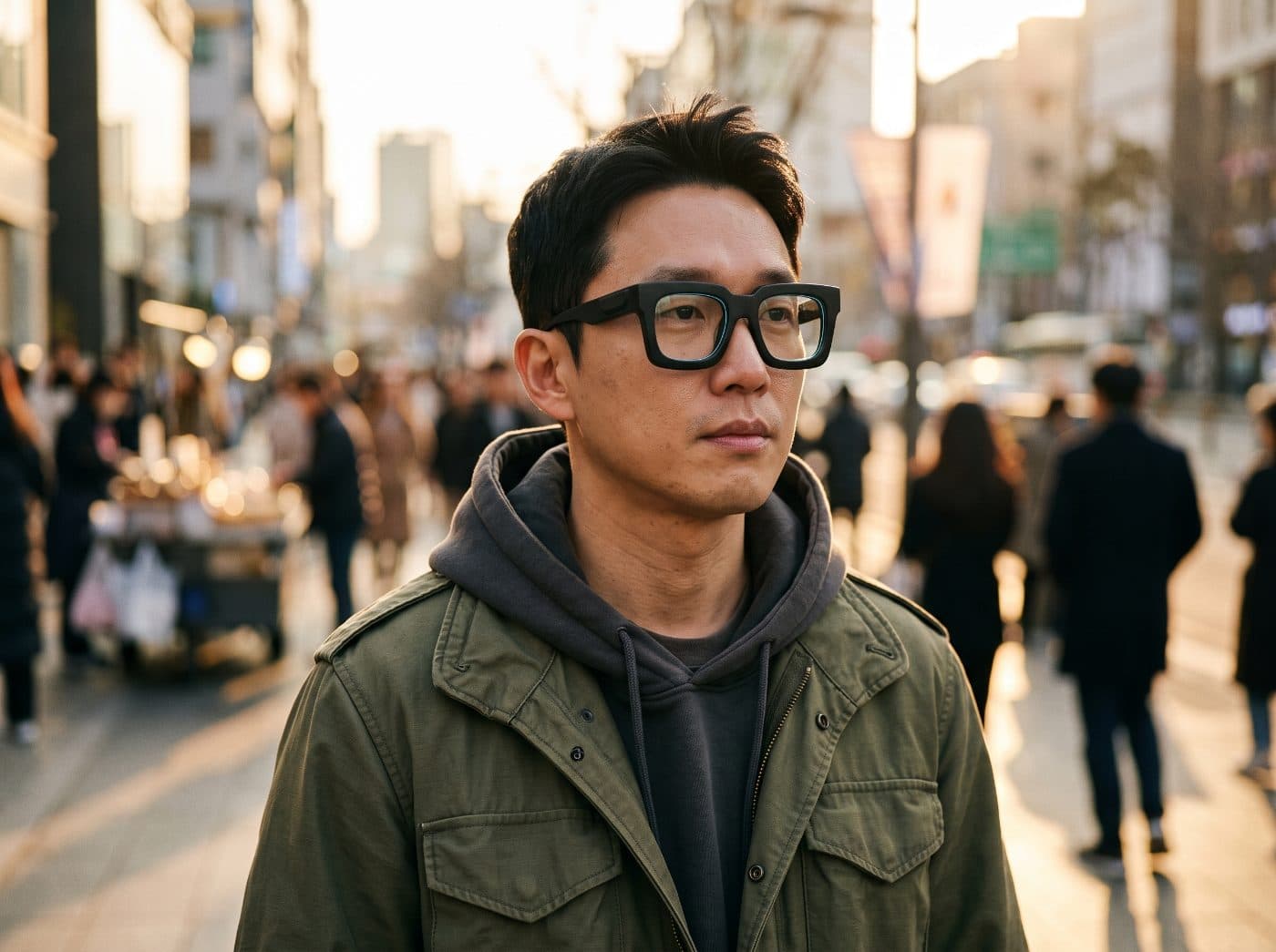 이음안경을 쓰고 도심 인도에 서 있는 사람. 안경테 안쪽 LED 가 켜져 있다